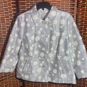 Chico’s NWT Polka Dot Jacquard Jacket Size 12/14 Blue White Metallic 3/4 Sleeve